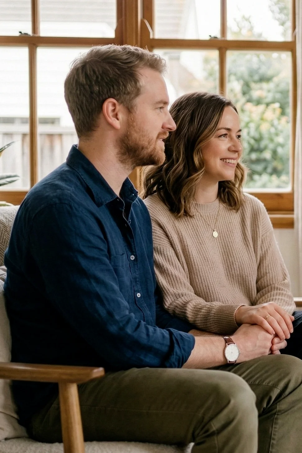 A couple in a therapy session, sitting together in a modern room with natural light